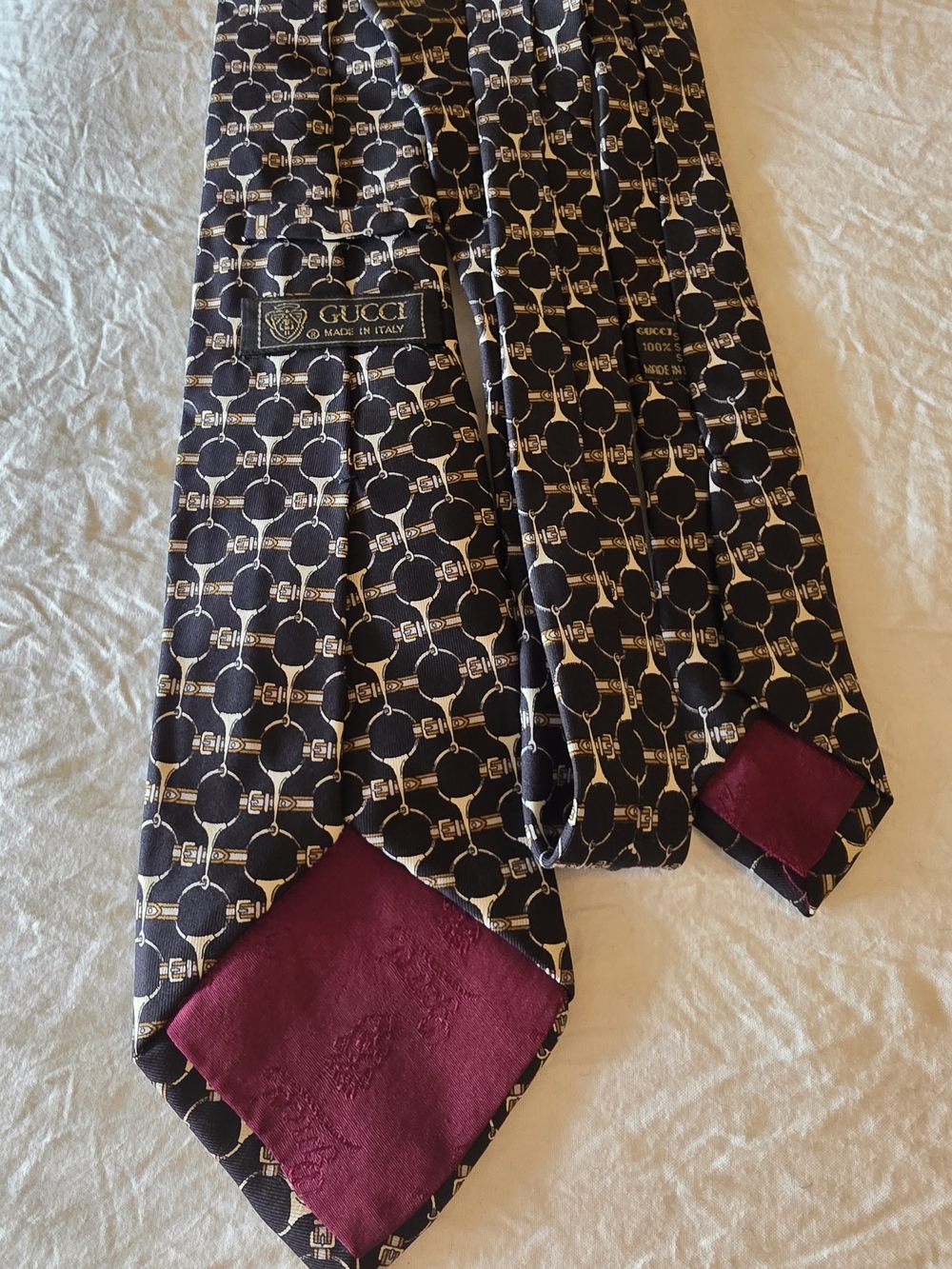 Gucci Black Silk Geometric Print Tie with Burgundy Tip